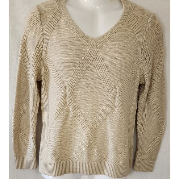 CJ Banks VTG Y2k Beige Textured Diamond Pattern V Neck Long Sleeve Pullover W Sm - Picture 1 of 9